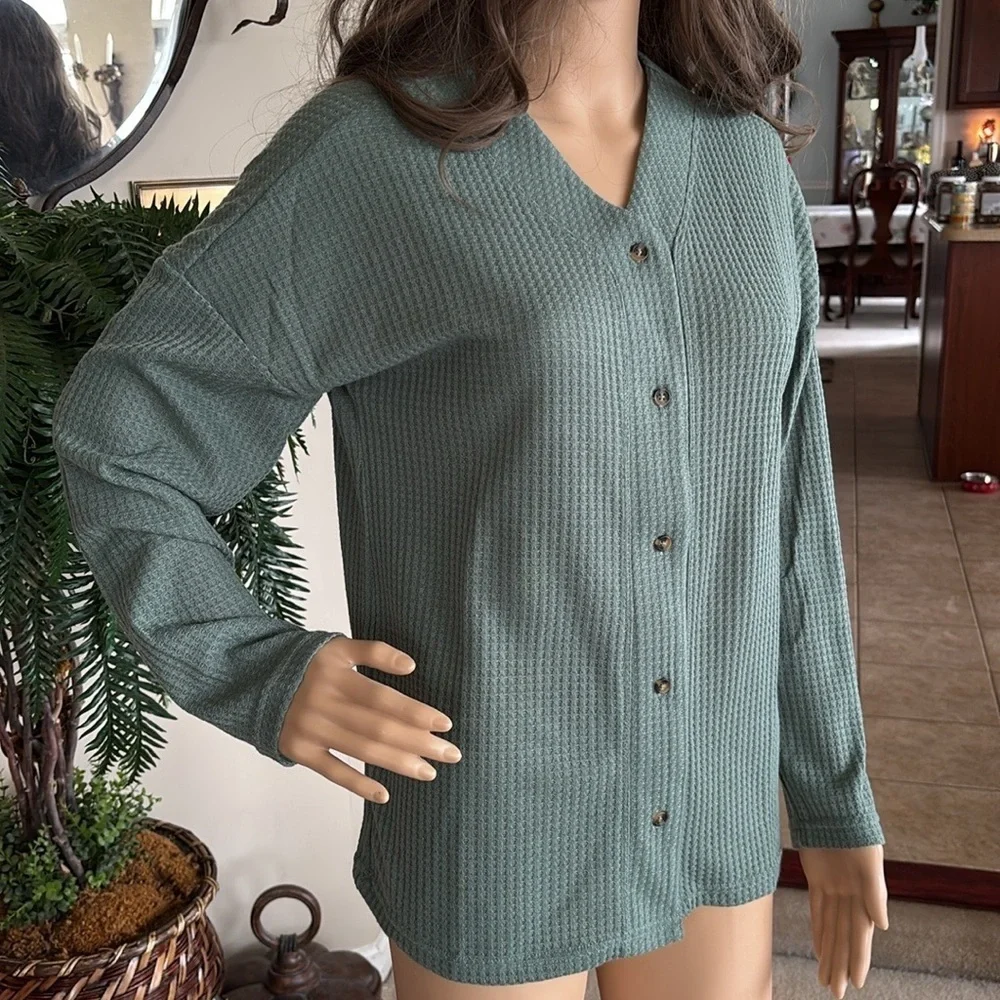 Brand New ADR Button Up Moss Green Pajama Lounge Long Sleeved Top Sleepwear